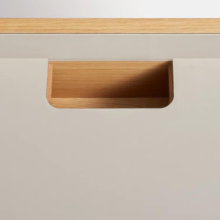 Elegant Putty and White Oak Desk with Expansive Tabletop and Drawer