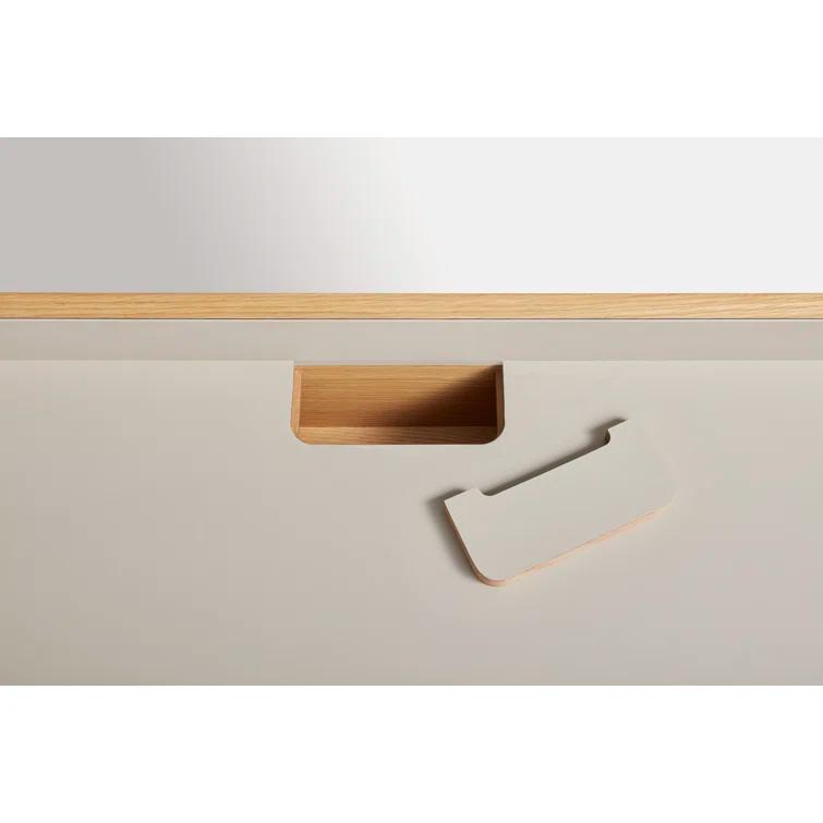 Elegant Putty and White Oak Desk with Expansive Tabletop and Drawer