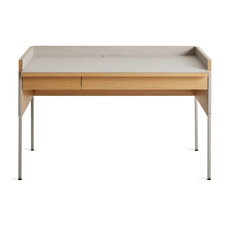 Elegant Putty and White Oak Desk with Expansive Tabletop and Drawer