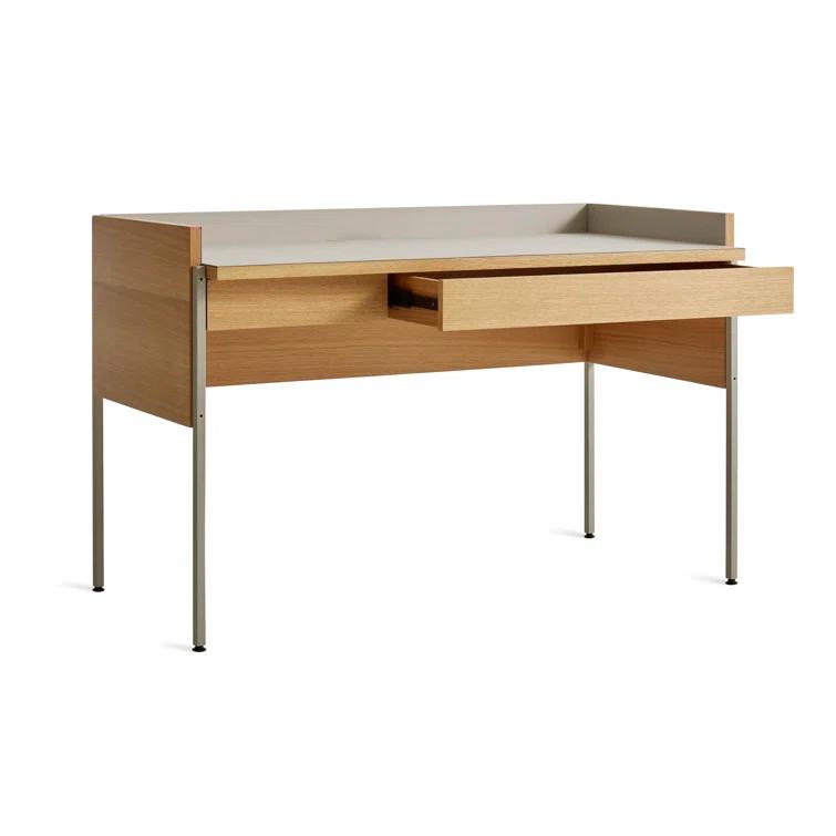Elegant Putty and White Oak Desk with Expansive Tabletop and Drawer