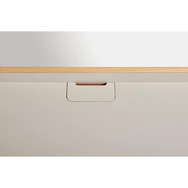 Elegant Putty and White Oak Desk with Expansive Tabletop and Drawer
