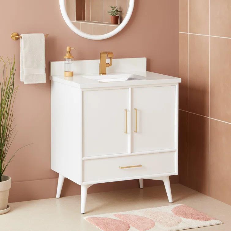 24" Natural Teak Single Bathroom Vanity with Arctic White Quartz Top
