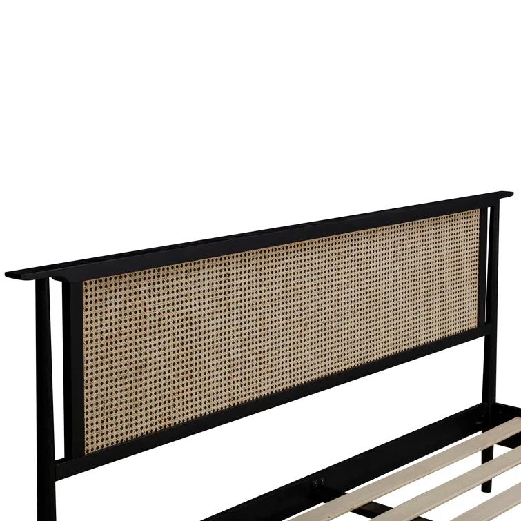 Ruby Wooden Bed Frame With Headboard And Natural Rattan, 1000 Lb Capacity