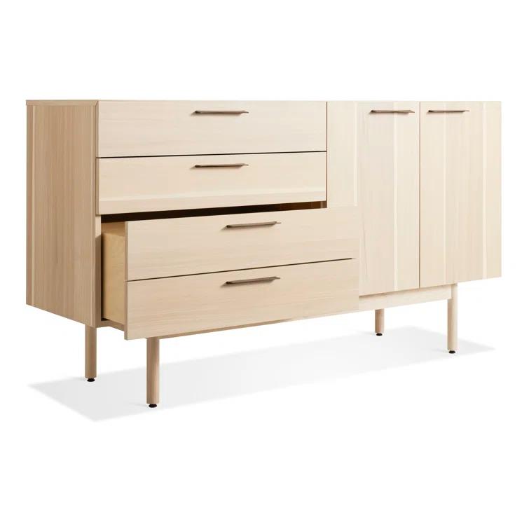 Modern Ash Wood & Leather 4-Drawer 2-Door Credenza