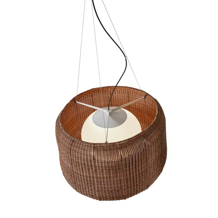 Graphite Brown LED Indoor/Outdoor Drum Pendant Light with Rattan Shade