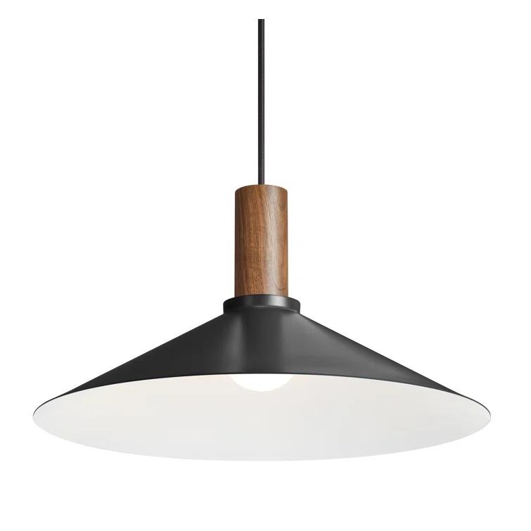 Walnut Stem 9'' H Black Steel Shade Single Pendant Light