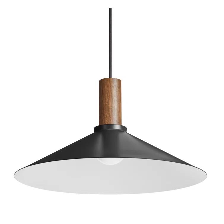 Walnut Stem 9'' H Black Steel Shade Single Pendant Light