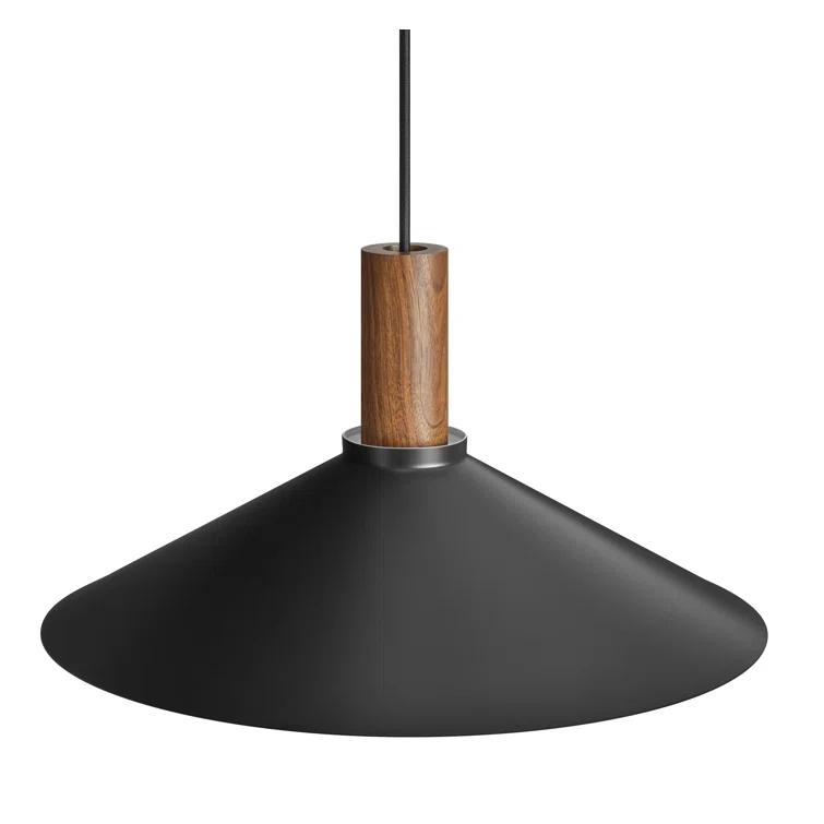 Walnut Stem 9'' H Black Steel Shade Single Pendant Light