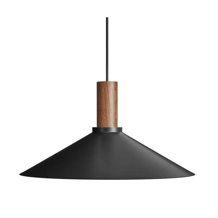 Walnut Stem 9'' H Black Steel Shade Single Pendant Light