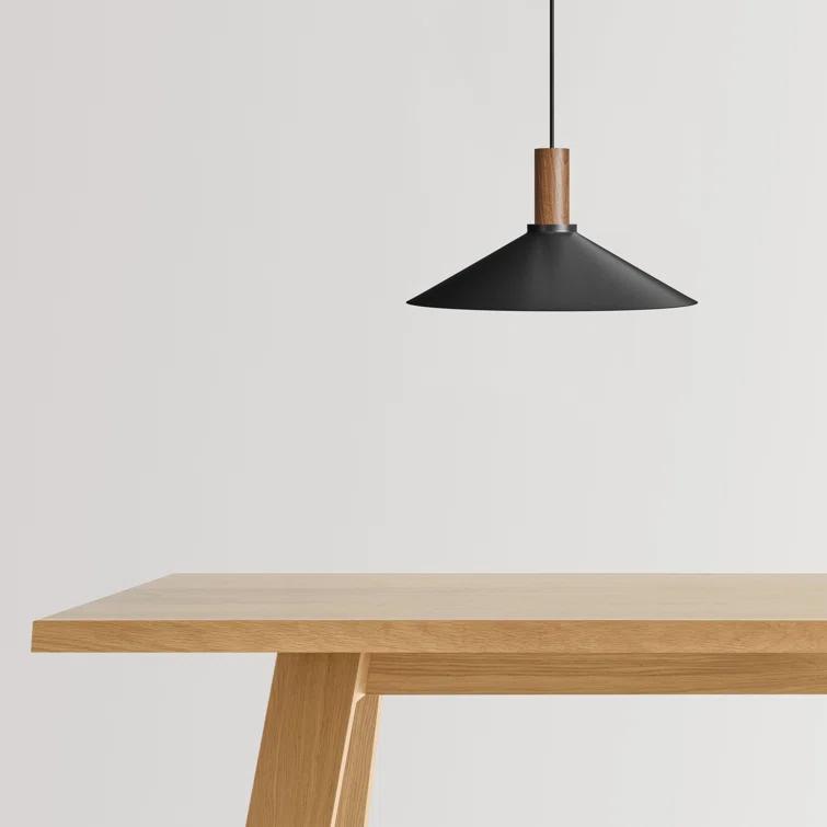 Walnut Stem 9'' H Black Steel Shade Single Pendant Light