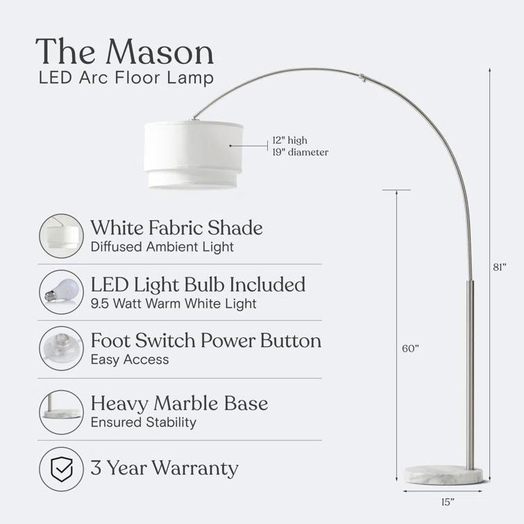 Mason 81 in. Modern Adjustable LED Arched Standing Floor Lamp with Fabric Drum Shade and Weighted Marble Base