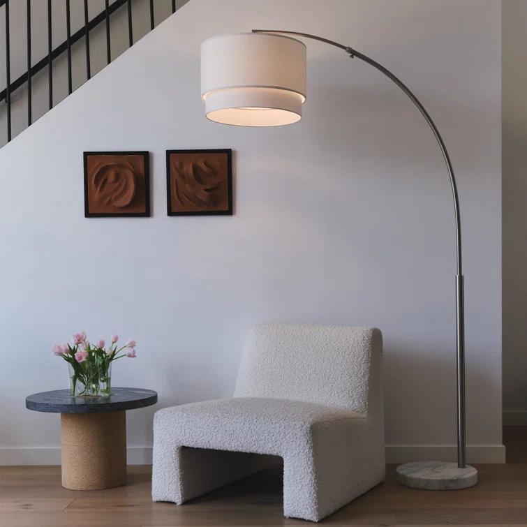 Mason 81 in. Modern Adjustable LED Arched Standing Floor Lamp with Fabric Drum Shade and Weighted Marble Base