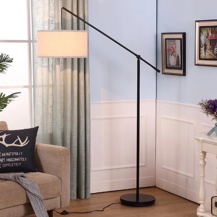 Brightech Hudson 70 in. Modern Height-Adjustable LED Tall Standing Floor Lamp with Beige Fabric Drum Shade