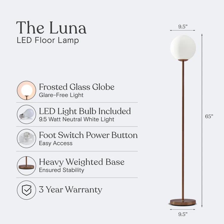 Luna 65 in. Modern LED Energy Efficient Floor Lamp with Frosted Glass Globe Shade