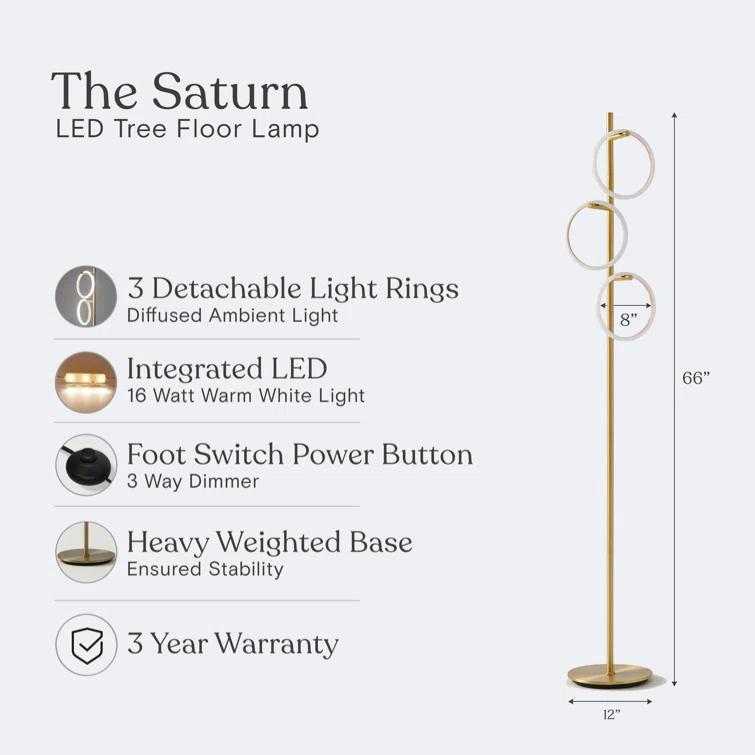 Brightech Saturn 66" Modern LED Floor Lamp with 3 Removable Ring Lights and Gold Finish, 3-Way Dimming