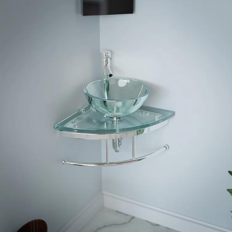 The Renovators Supply Inc. 10889 Round Corner Glass Wall Mount Bathroom Vessel Sink with Chrome Faucet Towel Bar