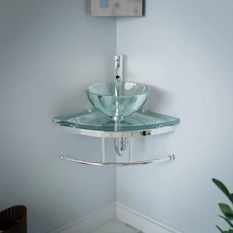 The Renovators Supply Inc. 10889 Round Corner Glass Wall Mount Bathroom Vessel Sink with Chrome Faucet Towel Bar