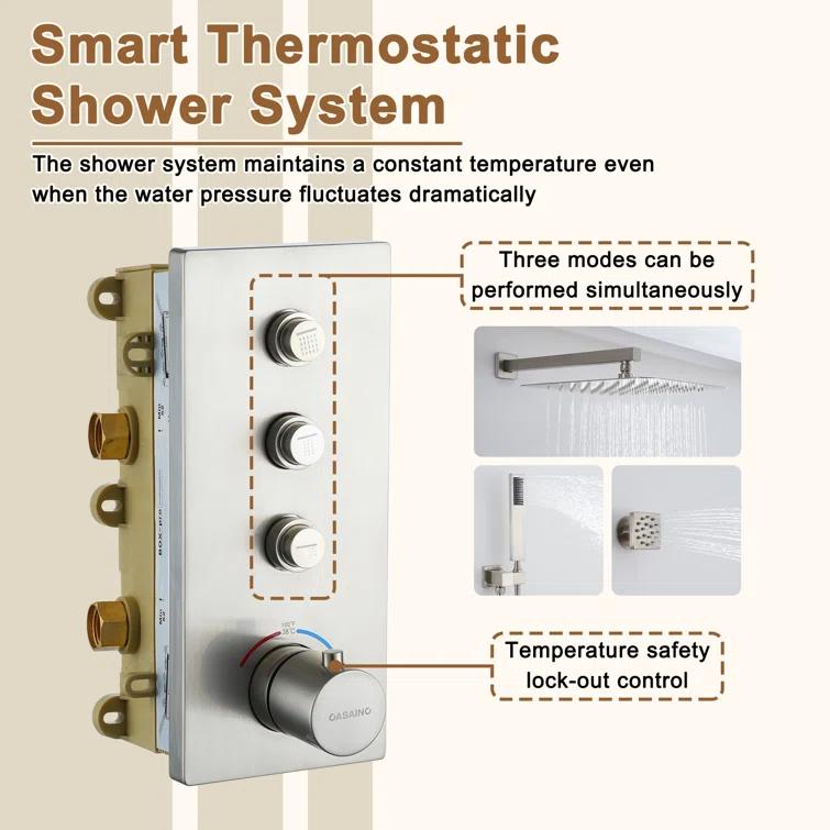 3 Functions 12 Inch Wall Mount Thermostatic Shower System with 6 Body Jets