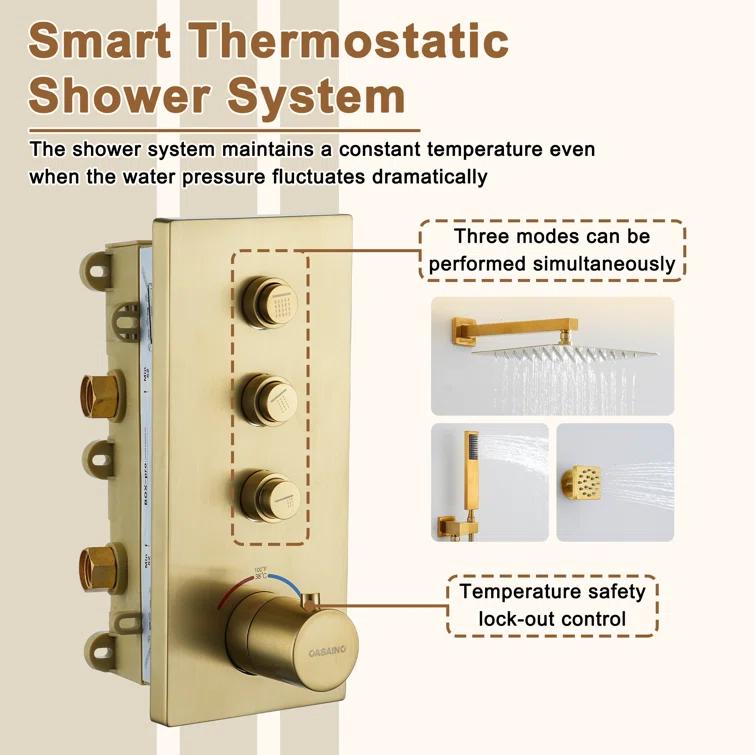 3 Functions 12 Inch Wall Mount Thermostatic Shower System with 6 Body Jets