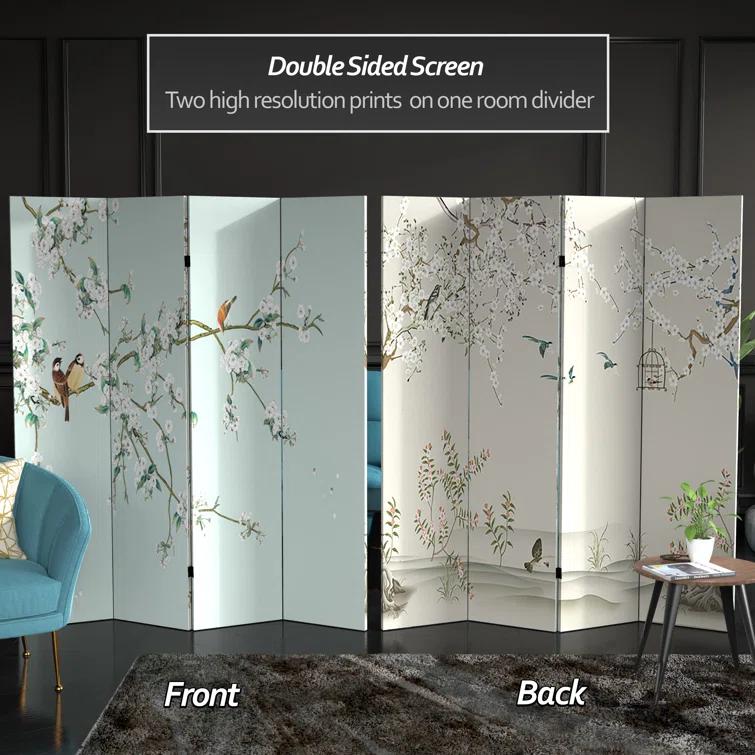 Oriental Furniture 6 Feet Tall Double Sided Birds and Plum Blossoms Canvas Room Divider