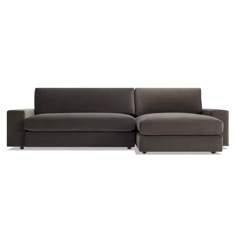 Kelso Blue Velvet L-Shaped Sofa with Removable Cushions and Wood Accents