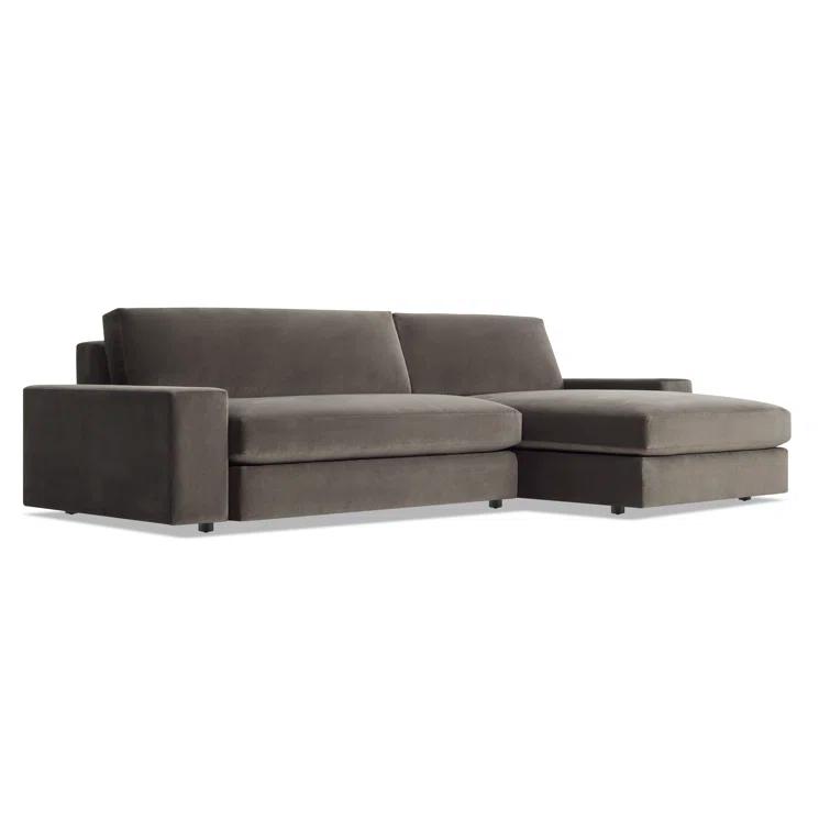 Kelso Blue Velvet L-Shaped Sofa with Removable Cushions and Wood Accents