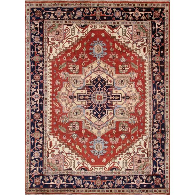 Serapi Hand-Knotted Wool Oriental Area Rug in Red/Navy/Cream