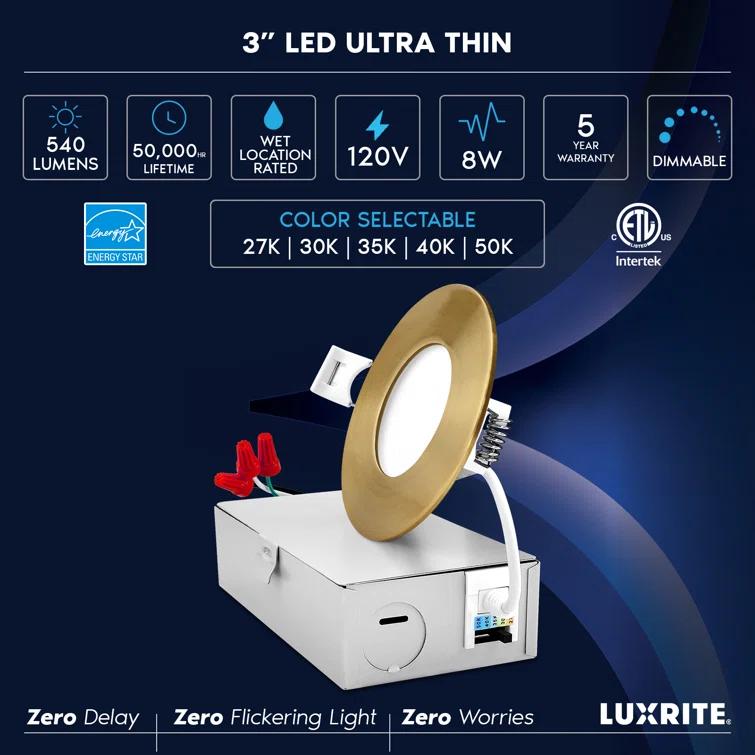 Luxrite LR23751 LR23857-1PK 3'' Tunable Color Temperature Dimmable Air-Tight IC Rated LED Canless Recessed Lighting Kit