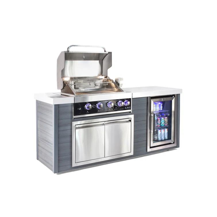 Mont Alpi MA400-AWBSS Artwood Series High Density Polyethylene 4-Burner 63000 BTU Propane Natural Gas Black Stainless Steel Outdoor Kitchen Island Grill + Granite Countertops + Double Access Doors + Refrigerator