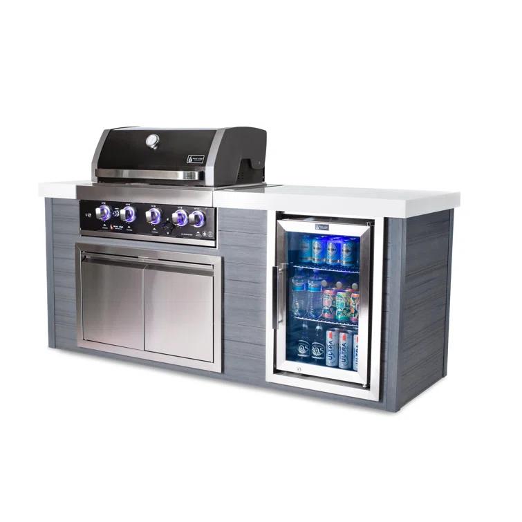 Mont Alpi MA400-AWBSS Artwood Series High Density Polyethylene 4-Burner 63000 BTU Propane Natural Gas Black Stainless Steel Outdoor Kitchen Island Grill + Granite Countertops + Double Access Doors + Refrigerator