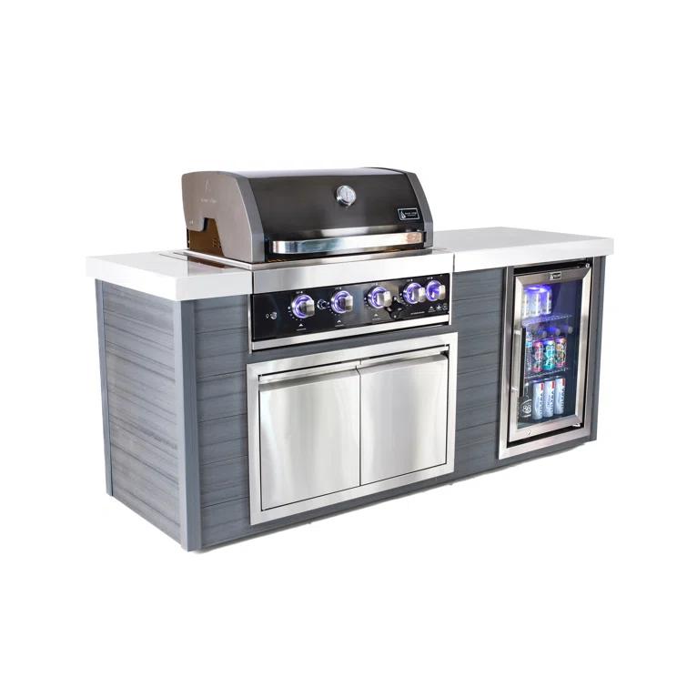 Mont Alpi MA400-AWBSS Artwood Series High Density Polyethylene 4-Burner 63000 BTU Propane Natural Gas Black Stainless Steel Outdoor Kitchen Island Grill + Granite Countertops + Double Access Doors + Refrigerator