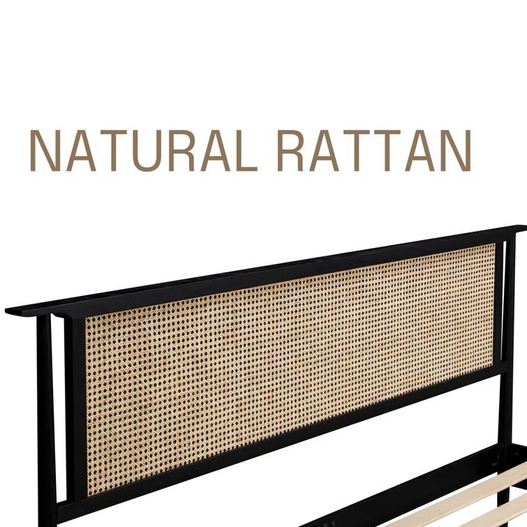 Ruby Wooden Bed Frame With Headboard And Natural Rattan, 1000 Lb Capacity