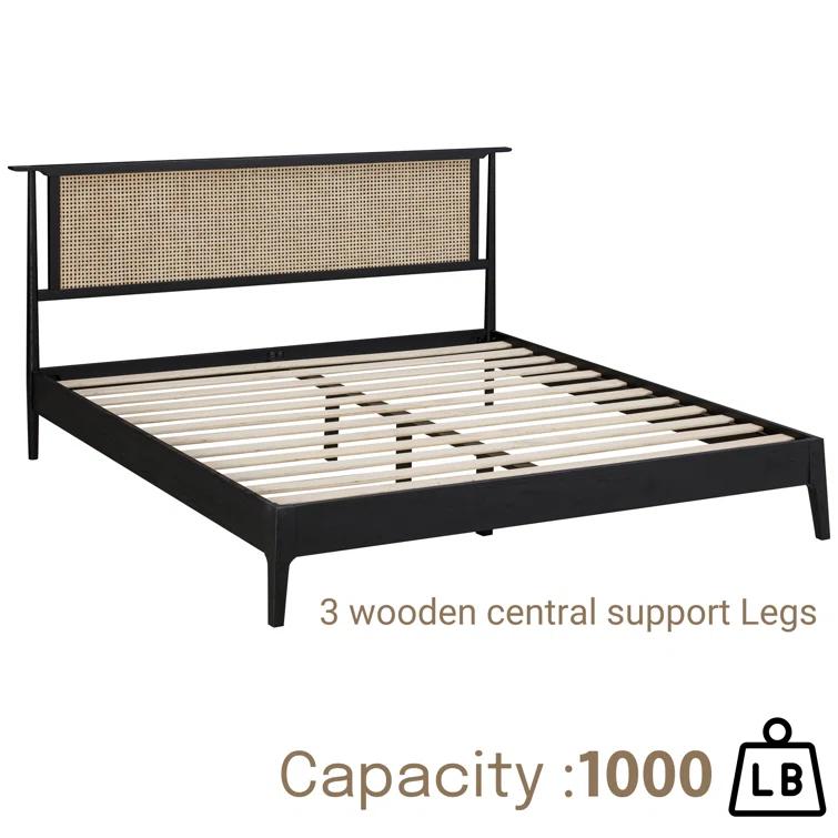Ruby Wooden Bed Frame With Headboard And Natural Rattan, 1000 Lb Capacity