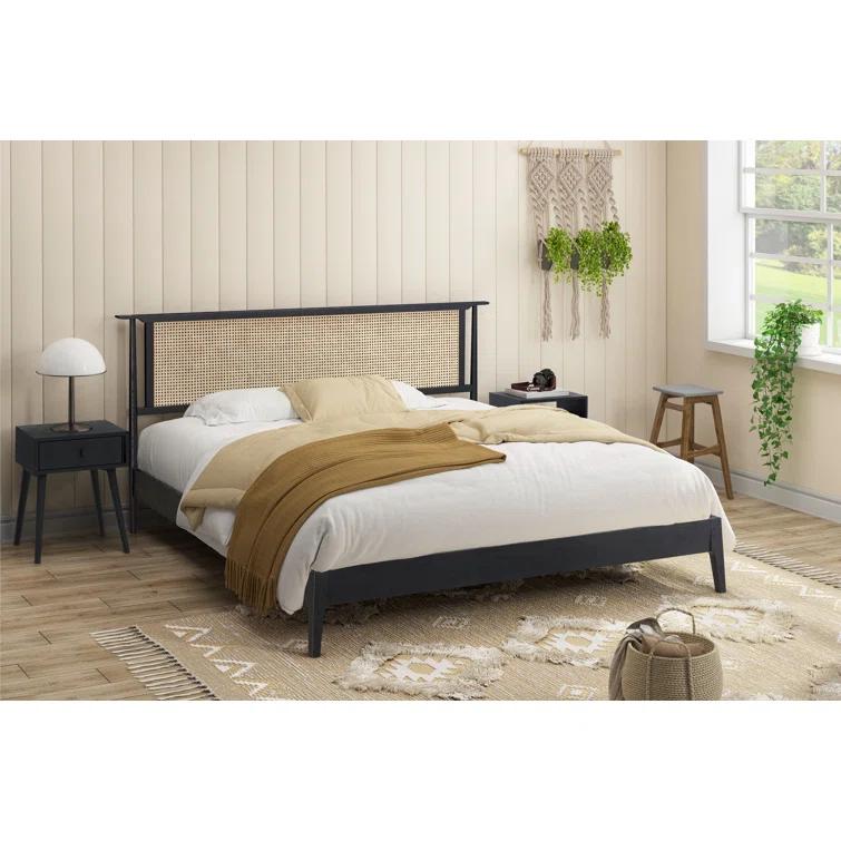 Ruby Wooden Bed Frame With Headboard And Natural Rattan, 1000 Lb Capacity