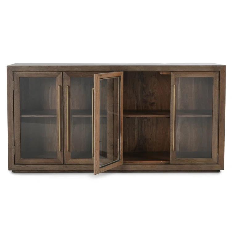 72'' Brown Oak Transitional Sideboard with Glass Doors
