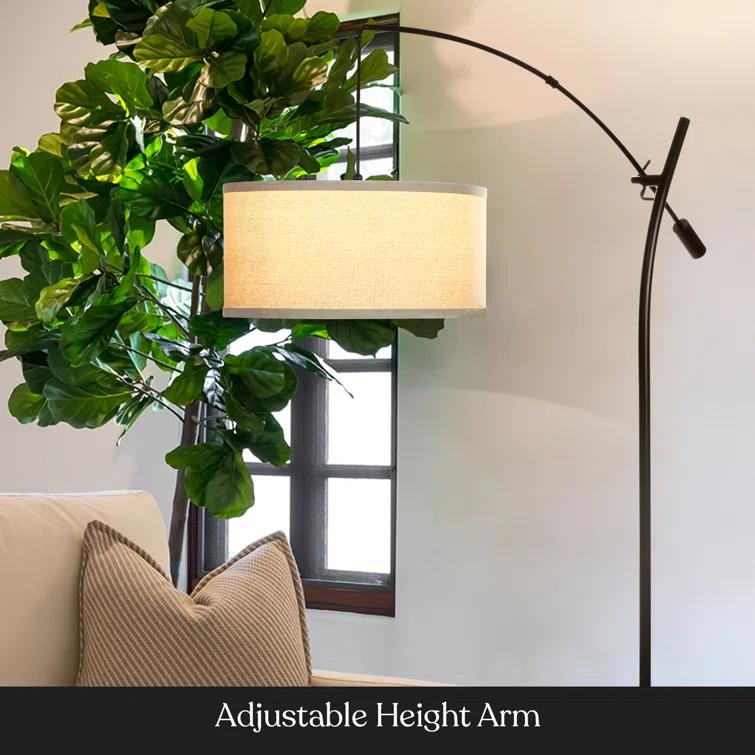 Brightech Grayson 84 in. Mid-Century Modern Height-Adjustable LED Arched Floor Lamp with Beige Fabric Drum Shade