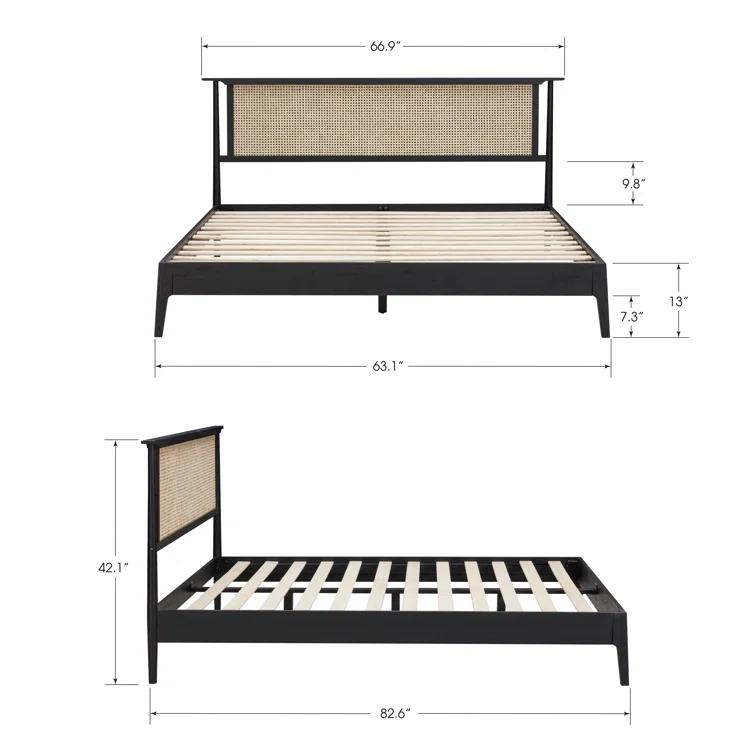 Ruby Wooden Bed Frame With Headboard And Natural Rattan, 1000 Lb Capacity