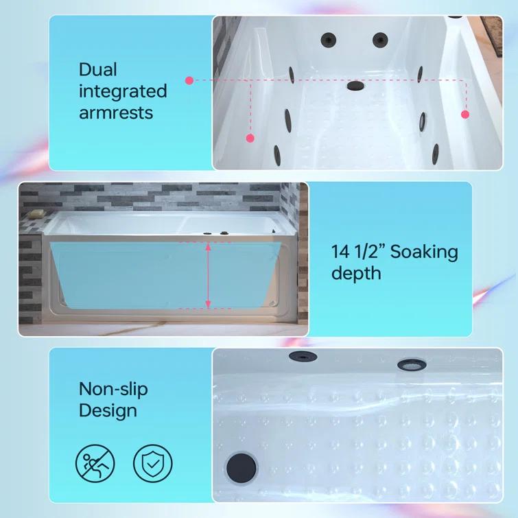 60" x 30" Whirlpool Heated Rectangular Alcove Acrylic Bathtub with Chrome/Matte Black Drain and Overflow