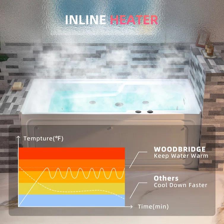 60" x 30" Whirlpool Heated Rectangular Alcove Acrylic Bathtub with Chrome/Matte Black Drain and Overflow