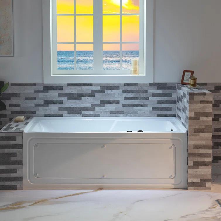 60" x 30" Whirlpool Heated Rectangular Alcove Acrylic Bathtub with Chrome/Matte Black Drain and Overflow