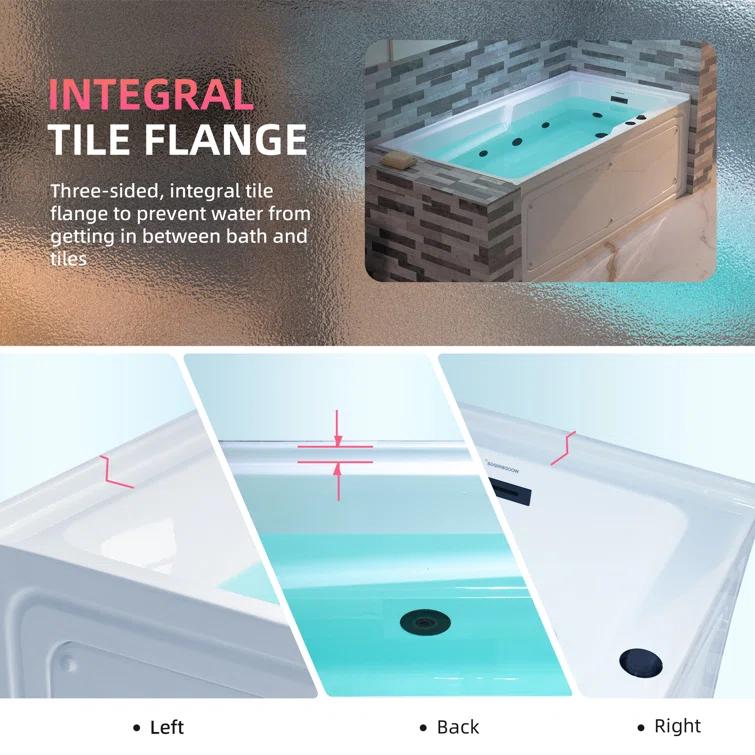 60" x 30" Whirlpool Heated Rectangular Alcove Acrylic Bathtub with Chrome/Matte Black Drain and Overflow