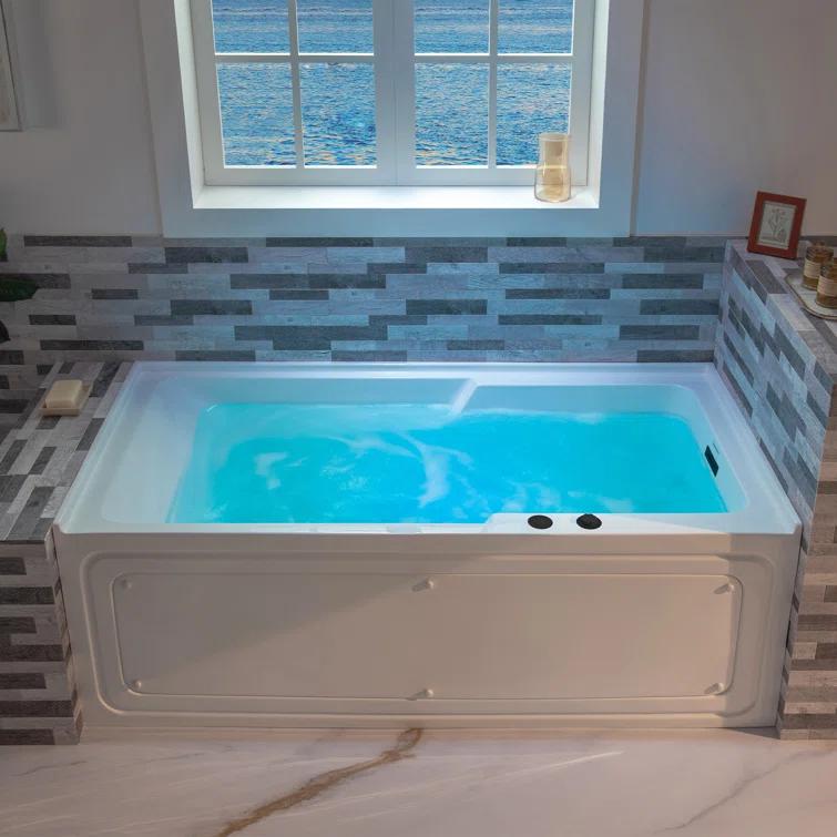 60" x 30" Whirlpool Heated Rectangular Alcove Acrylic Bathtub with Chrome/Matte Black Drain and Overflow