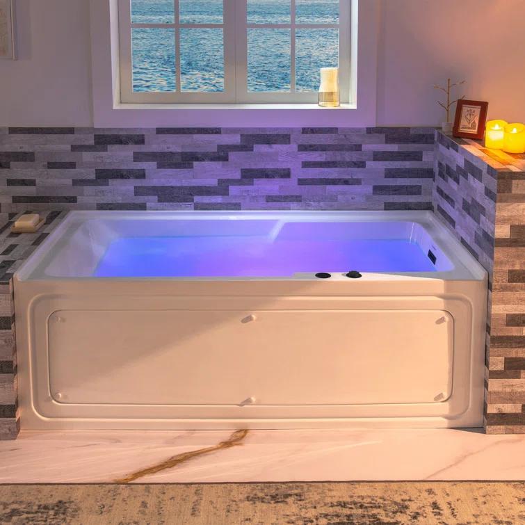 60" x 30" Whirlpool Heated Rectangular Alcove Acrylic Bathtub with Chrome/Matte Black Drain and Overflow