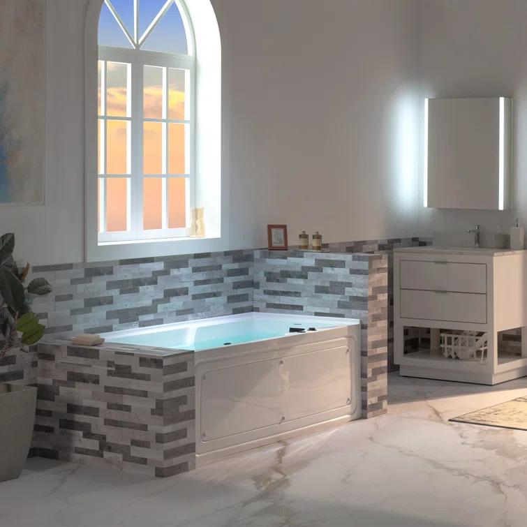 60" x 30" Whirlpool Heated Rectangular Alcove Acrylic Bathtub with Chrome/Matte Black Drain and Overflow