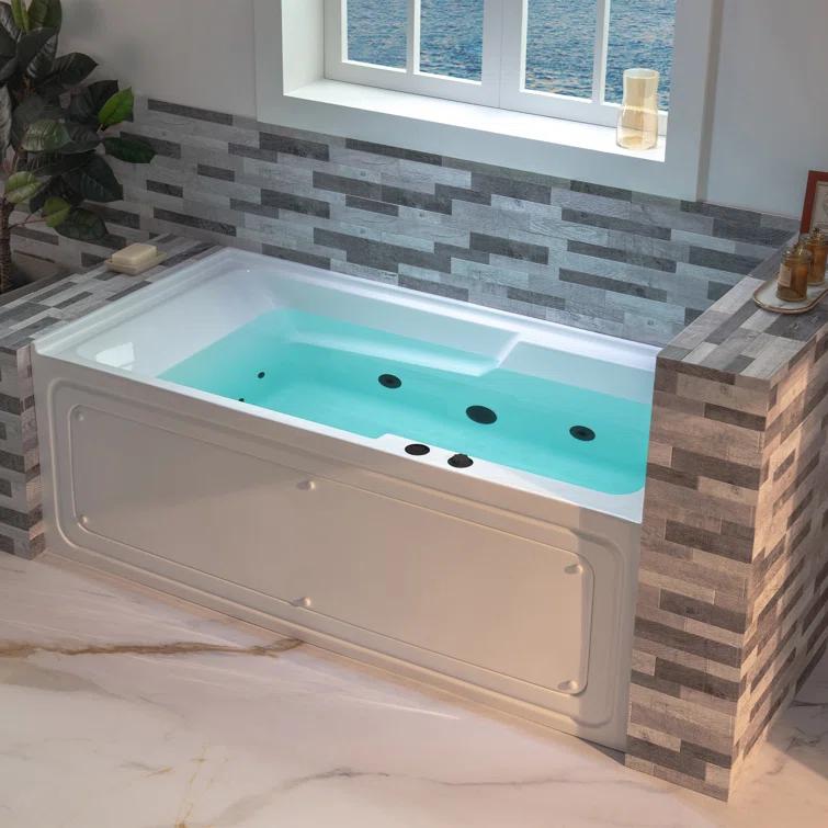 60" x 30" Whirlpool Heated Rectangular Alcove Acrylic Bathtub with Chrome/Matte Black Drain and Overflow