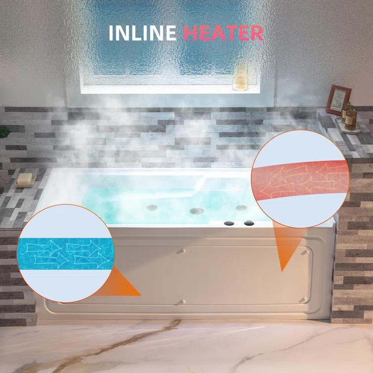 60" x 30" Whirlpool Heated Rectangular Alcove Acrylic Bathtub with Chrome/Matte Black Drain and Overflow