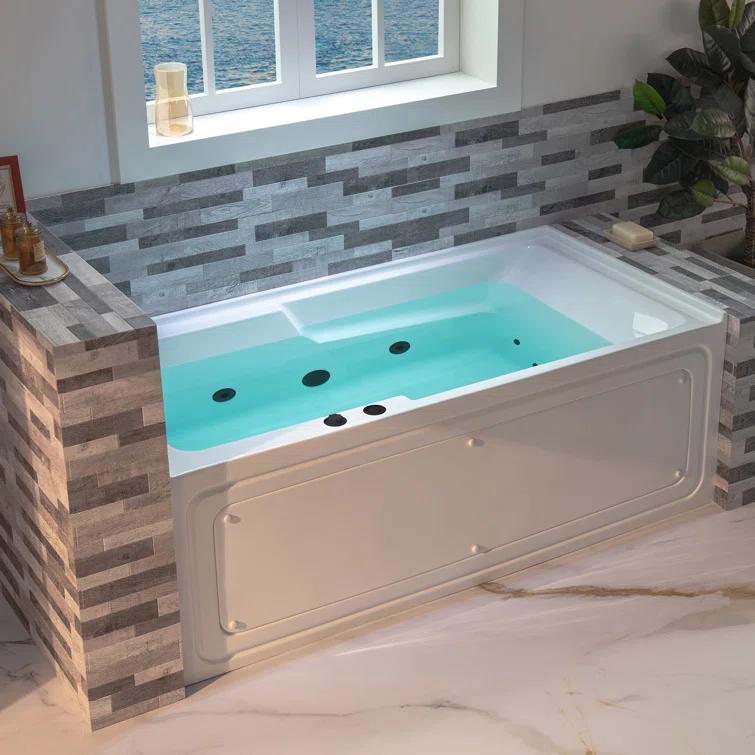 60" x 30" Whirlpool Heated Rectangular Alcove Acrylic Bathtub with Chrome/Matte Black Drain and Overflow
