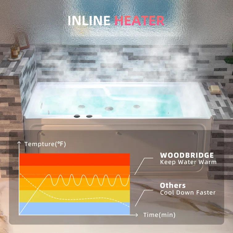 60" x 30" Whirlpool Heated Rectangular Alcove Acrylic Bathtub with Chrome/Matte Black Drain and Overflow