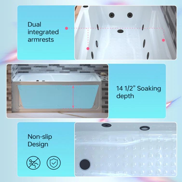 60" x 30" Whirlpool Heated Rectangular Alcove Acrylic Bathtub with Chrome/Matte Black Drain and Overflow