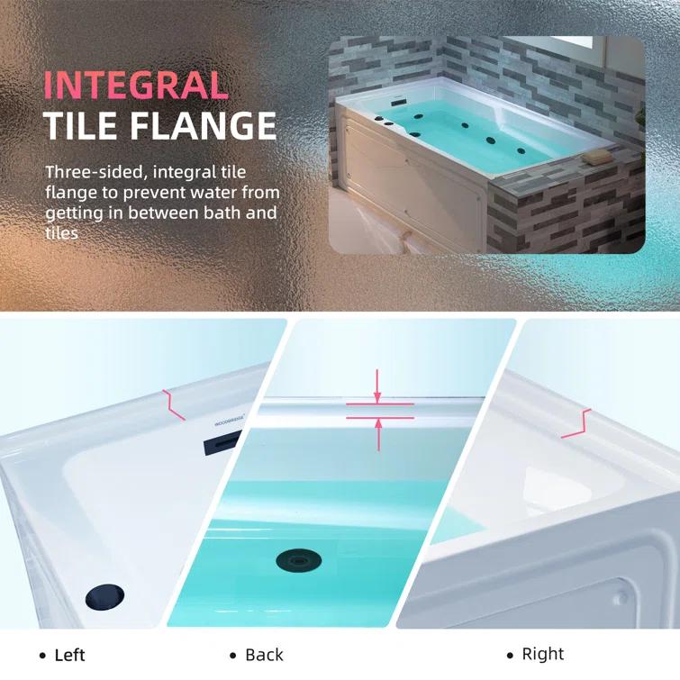 60" x 30" Whirlpool Heated Rectangular Alcove Acrylic Bathtub with Chrome/Matte Black Drain and Overflow